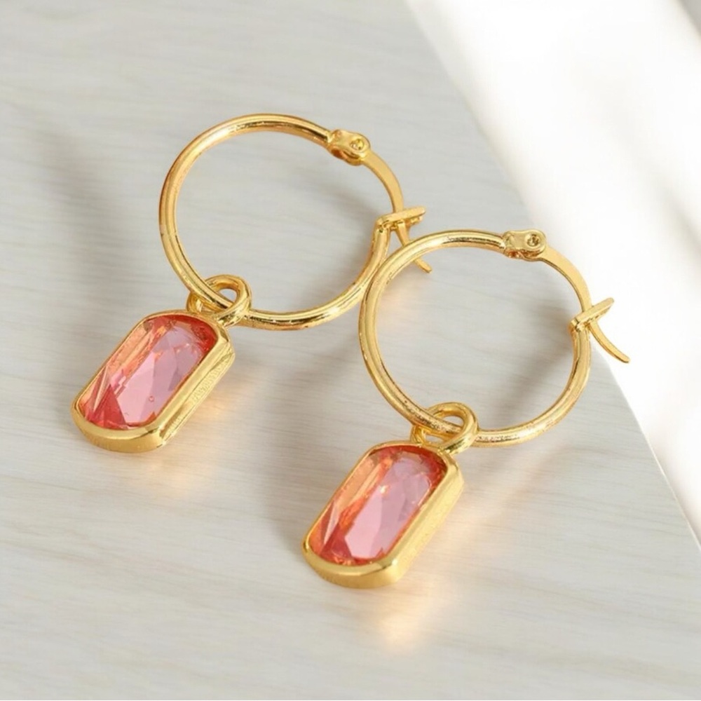 Elegant Gold-Tone Hoop Earrings with Pink Square Synthetic Zirconia, Bohemian